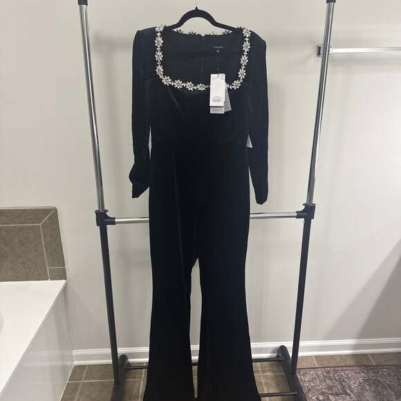 NADINE MERABI Kimberly Black velvet Jumpsuit with White Floral Accents NWT